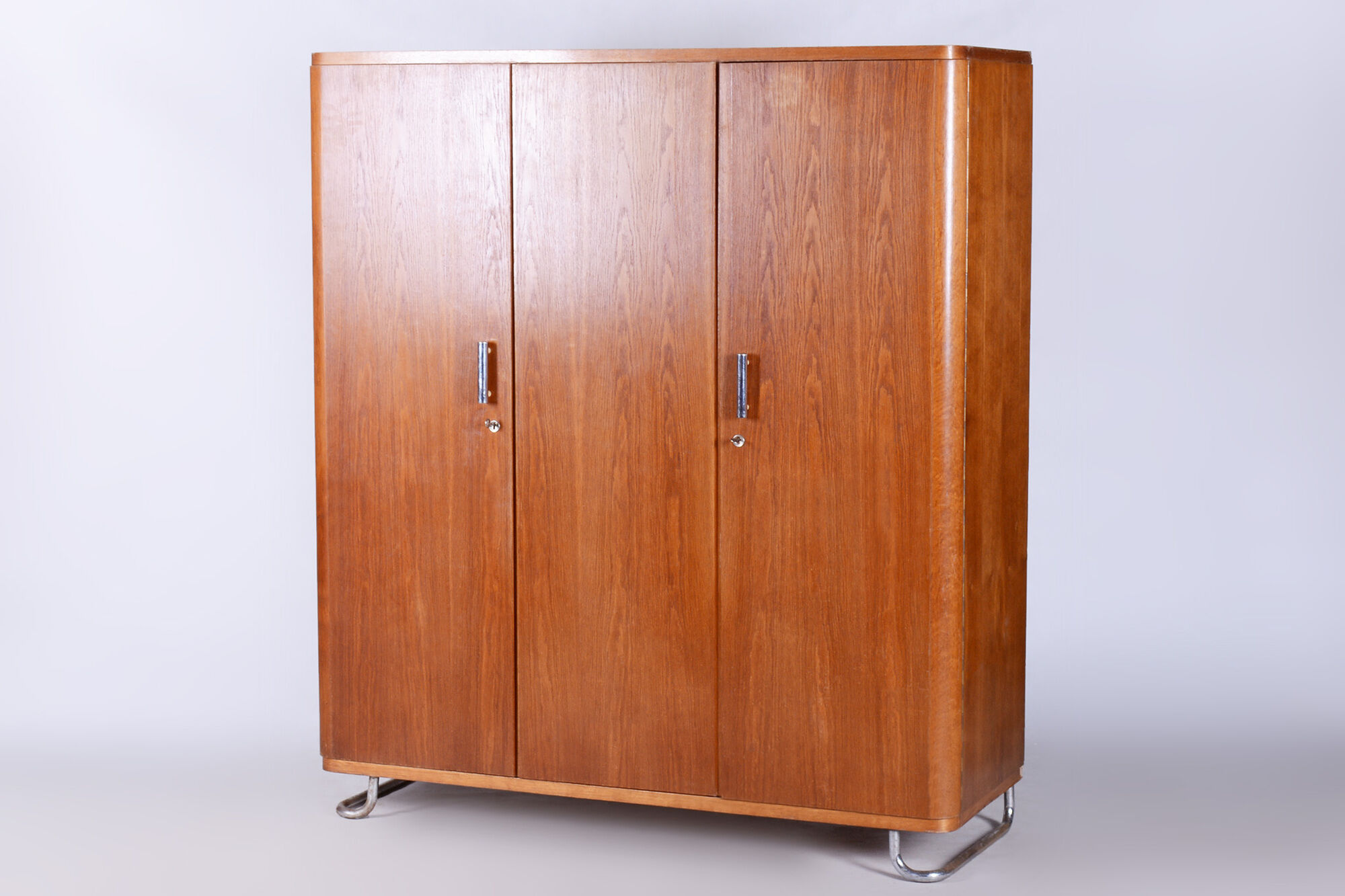 Restored oak bauhaus wardrobe, chrome-plated steel, czechia, 1930s