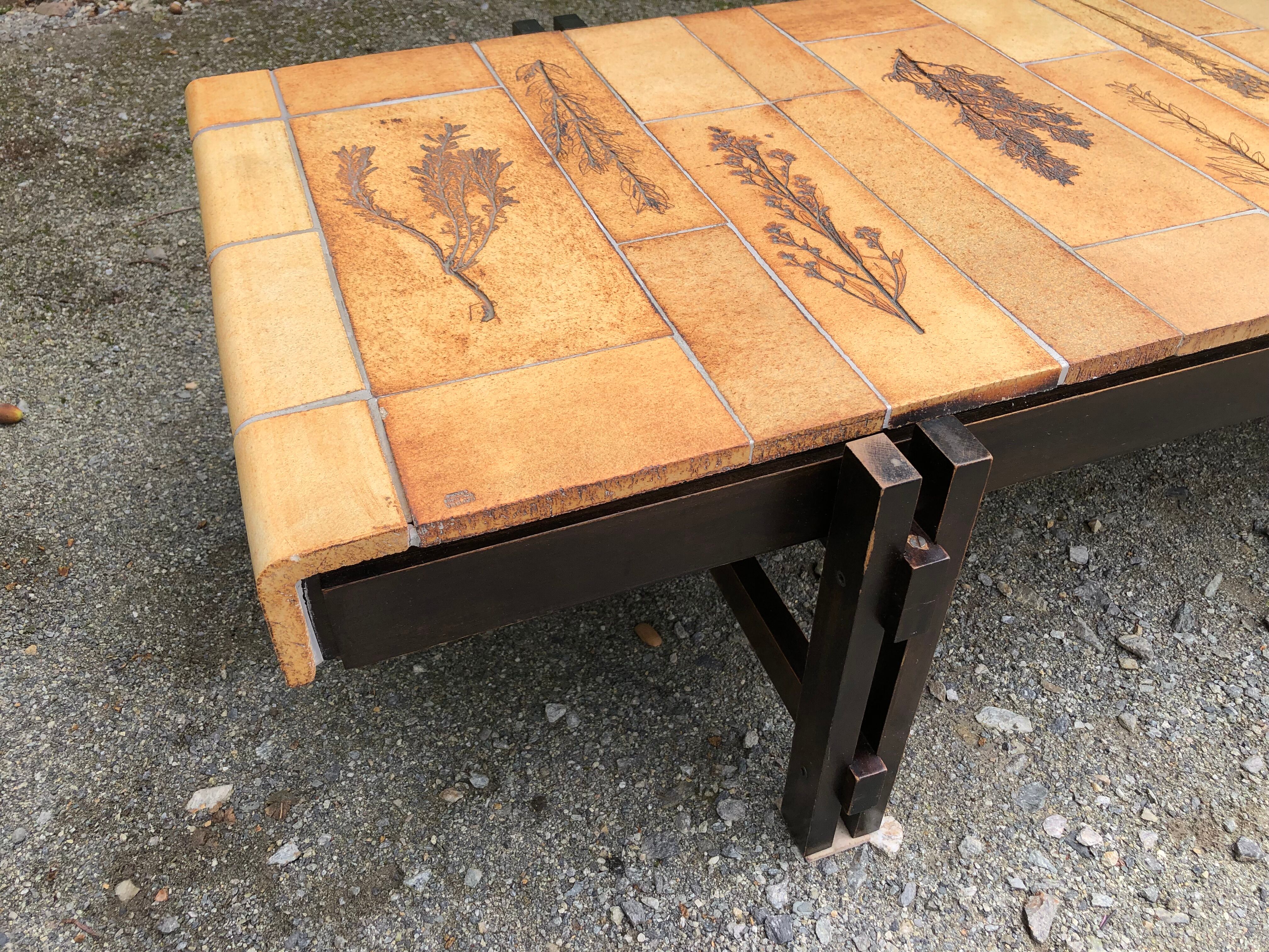 Vintage ceramic coffee table decorated with herbarium decoration Roger Capron