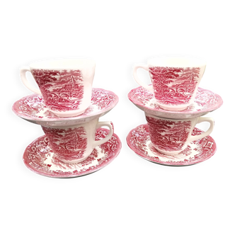 4 pink English cups and saucers