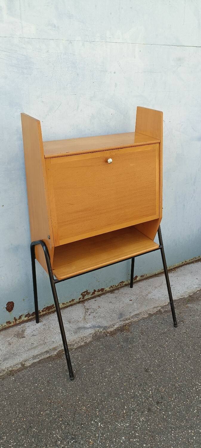 Vintage light oak secretary desk with metal base