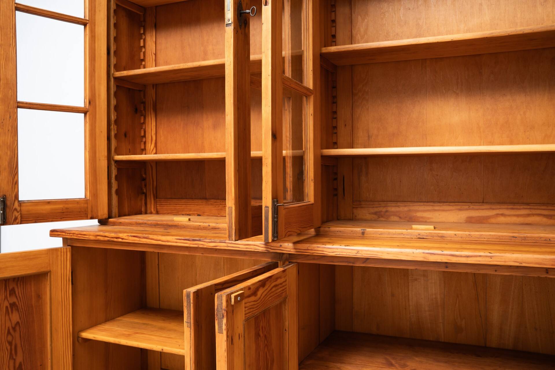 Monumental Pine School Library Bookcase from Warsaw, Poland, 1920s