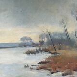 Tableau ancien paysage lacustre