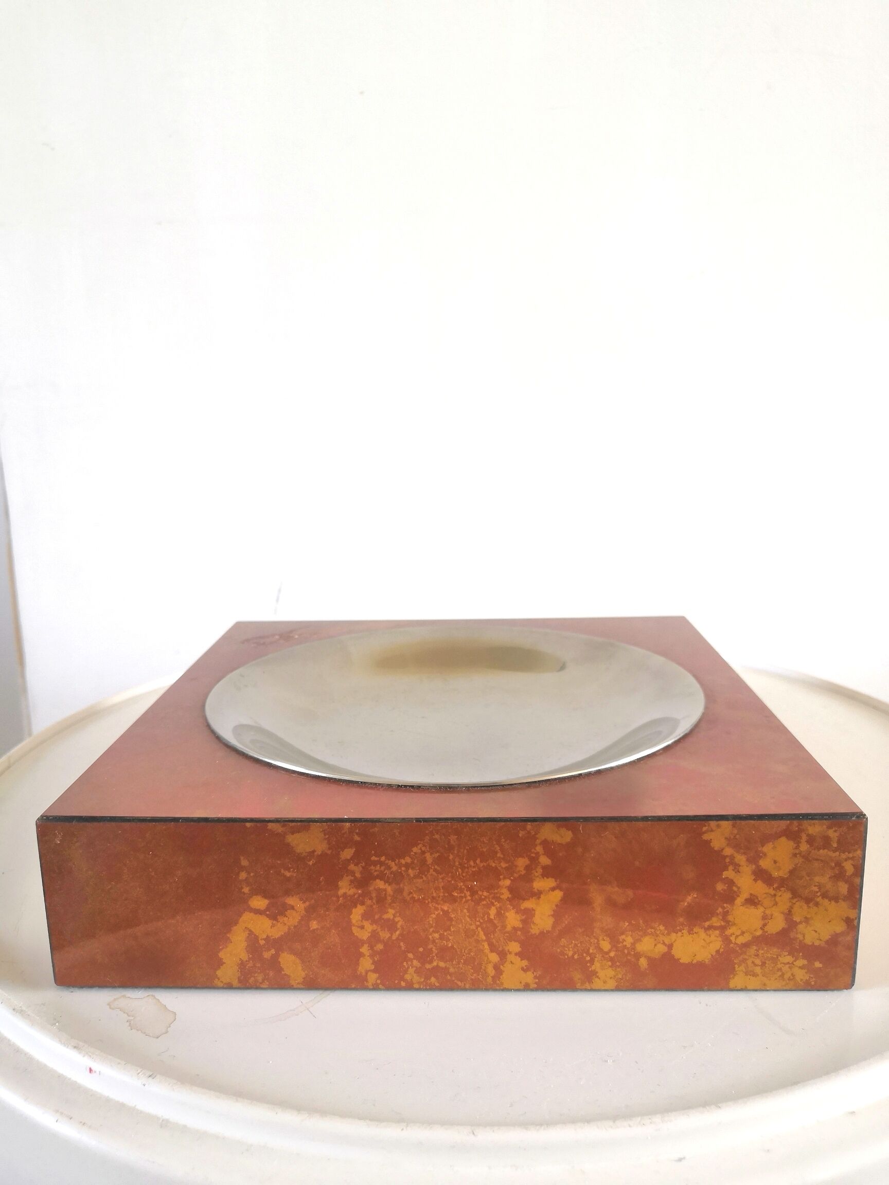 Ashtray veneer wood and metal design 70s