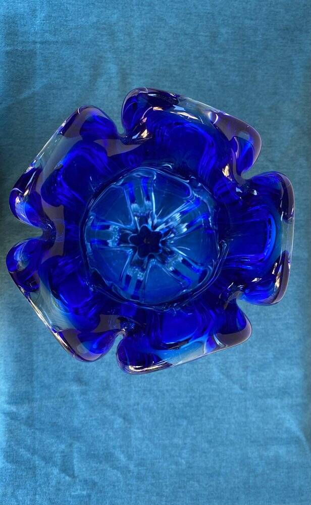 Vintage cobalt blue blown glass vase, organic shape from the 1960s.