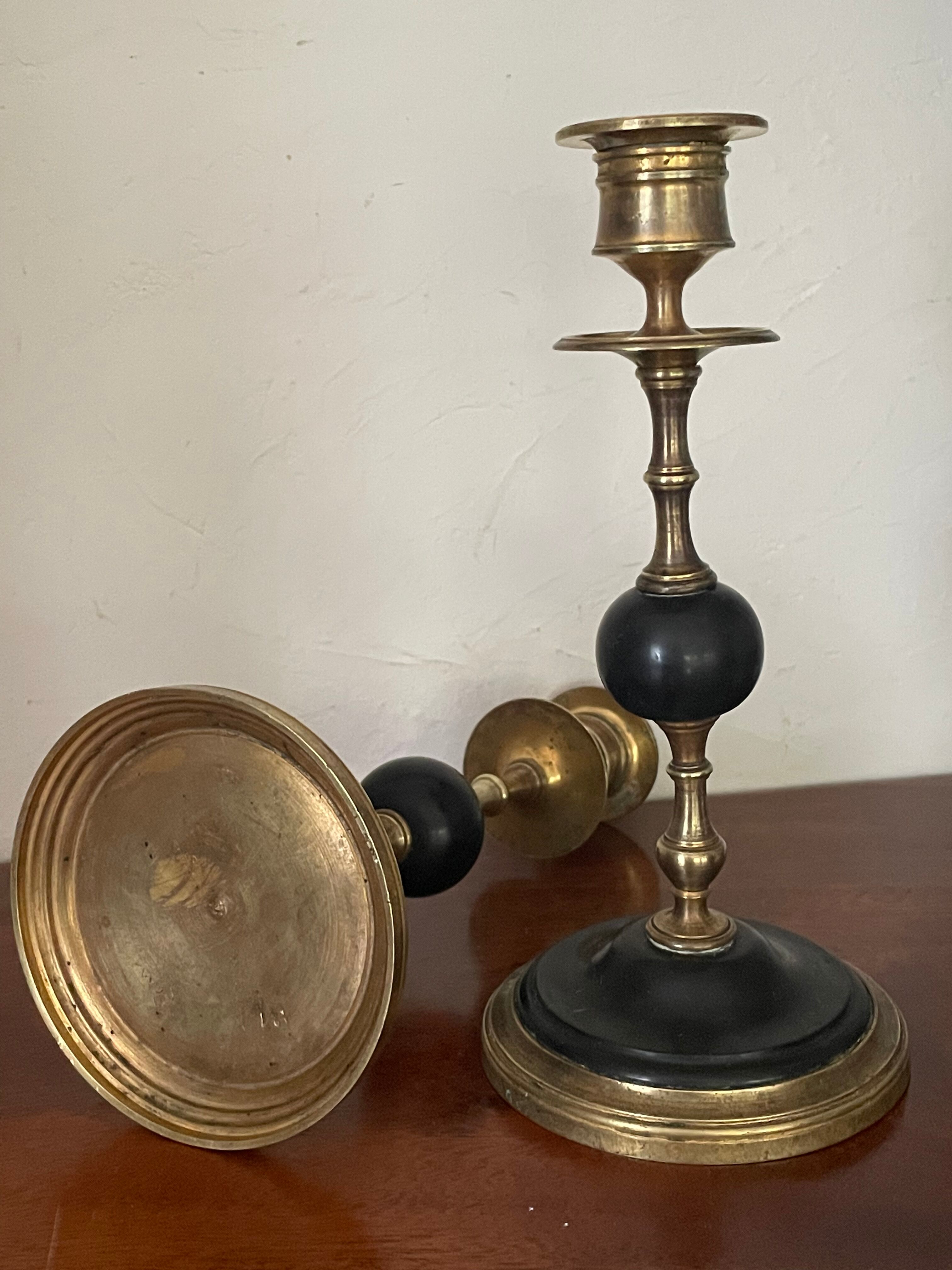 Ancienne paire de bougeoirs marbre noir et laiton XIXème