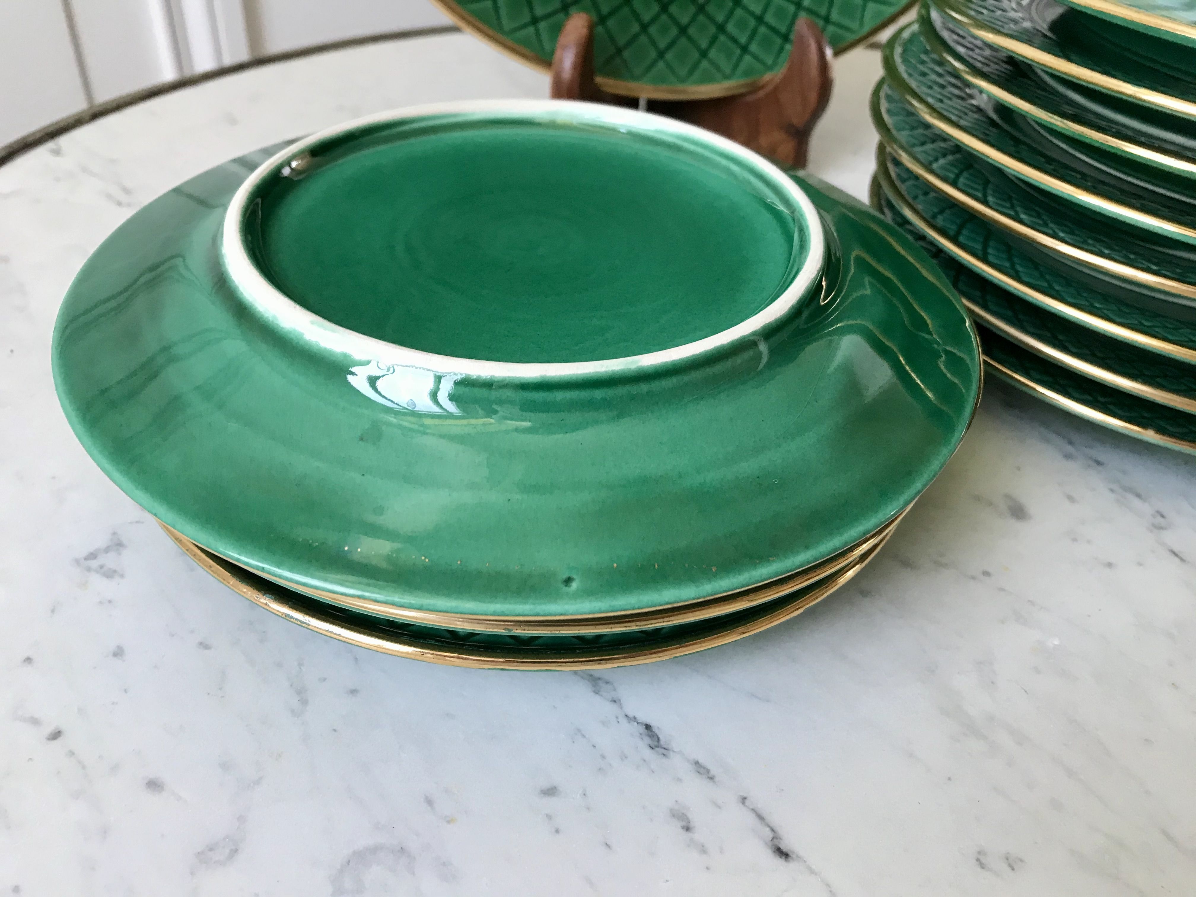 dessert service 12 dessert plates and a green and golden Art Deco cake dish 40s
