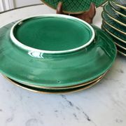 dessert service 12 dessert plates and a green and golden Art Deco cake dish 40s
