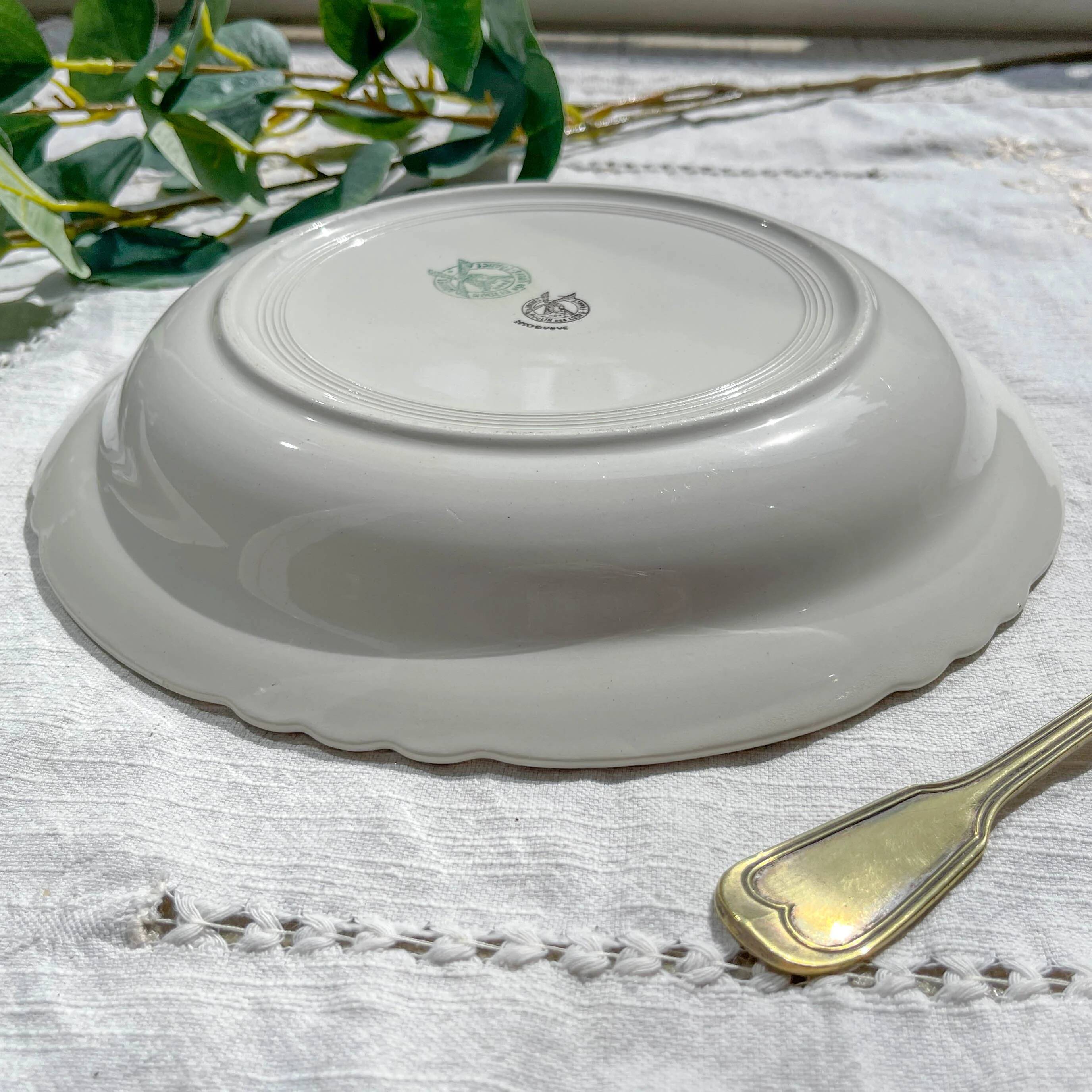 Vintage white and green porcelain dish Iris Moulin des Loups "Sargosse" 1950s