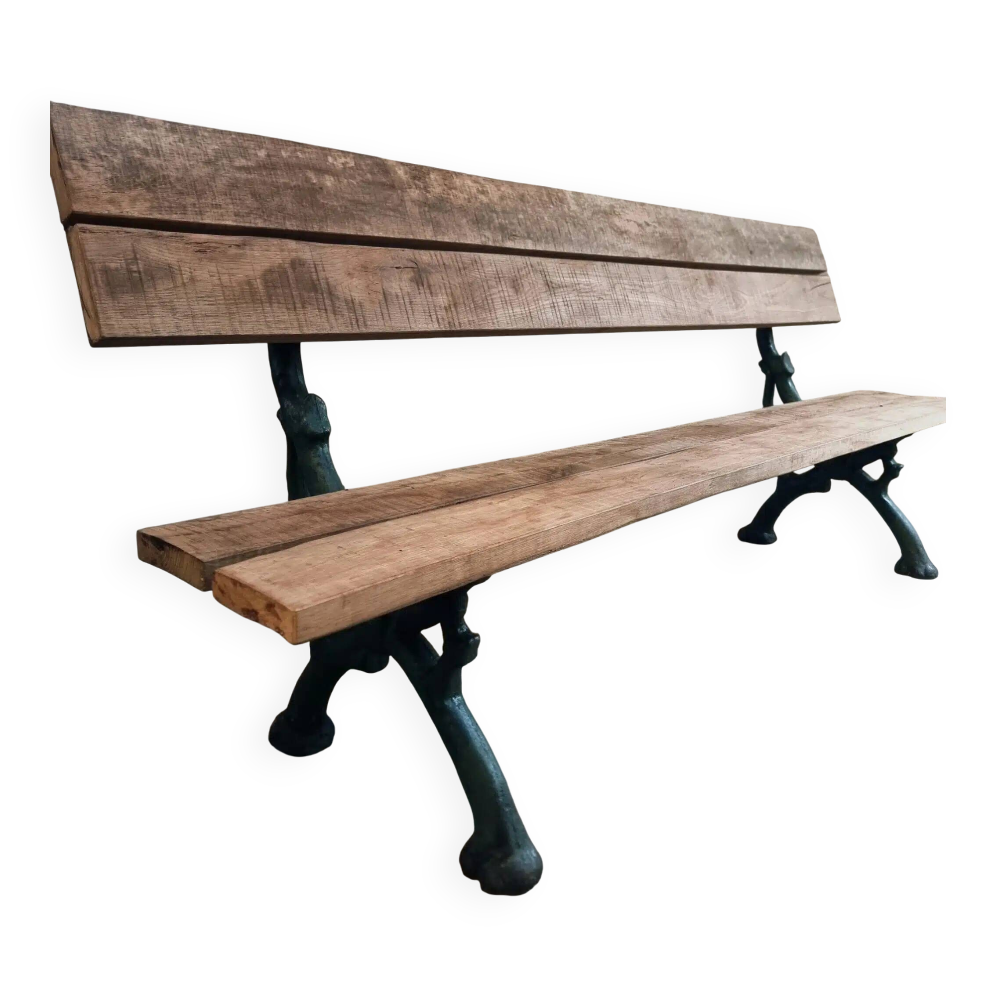 Antique French park bench in cast iron and oak – Sea green patina, 220 cm