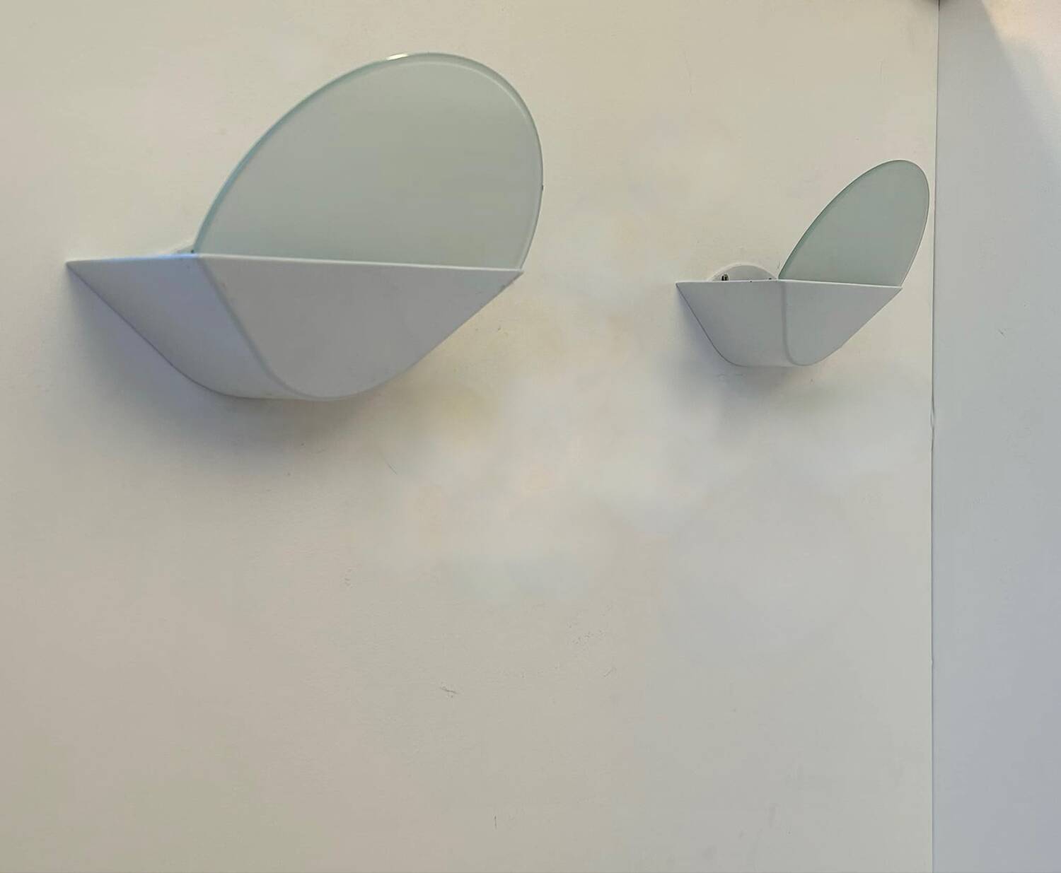 Pair of vintage wall lights, white metal and sandblasted glass, Italy 1970