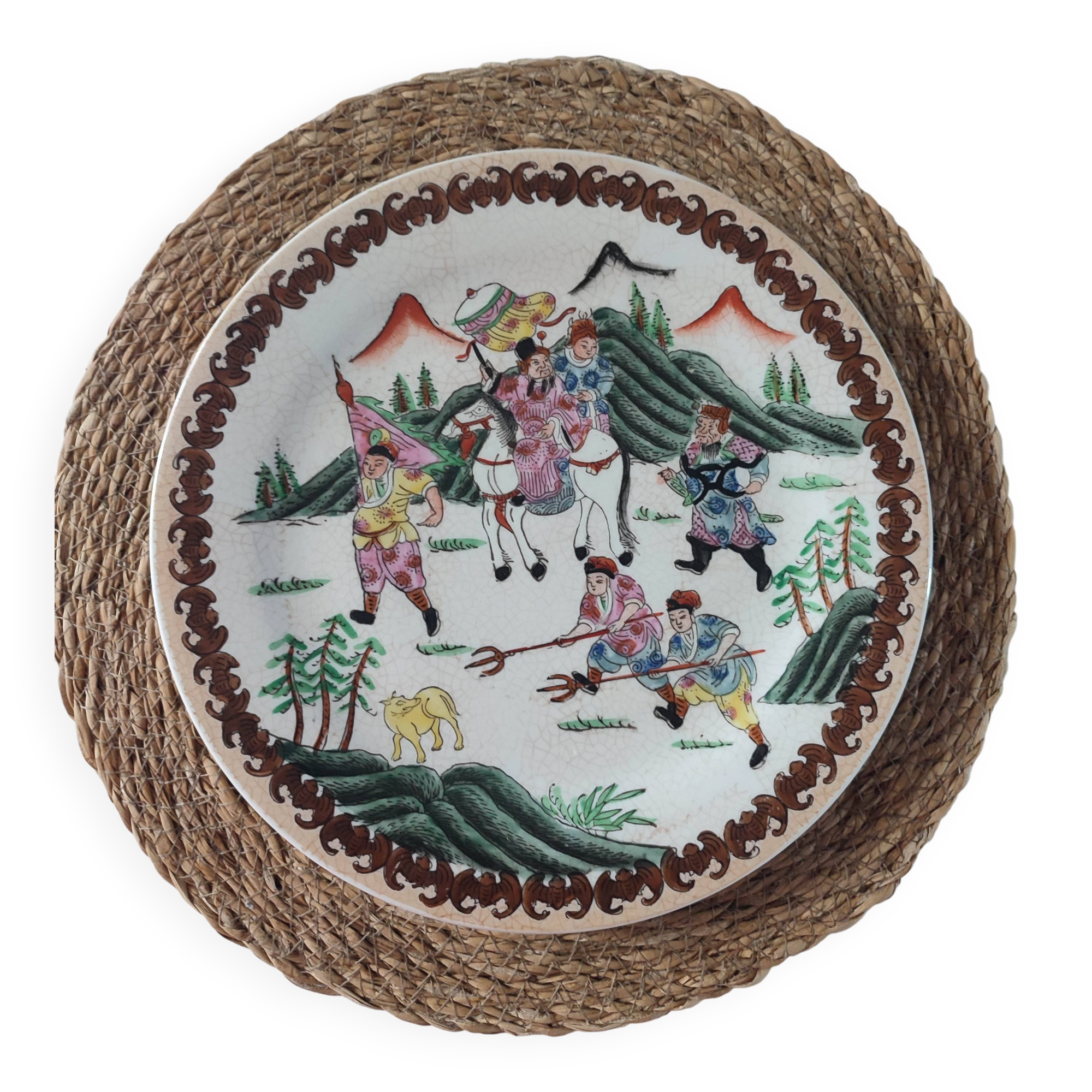 Magnificent vintage decorative plate signed in earthenware with Asian decor.
