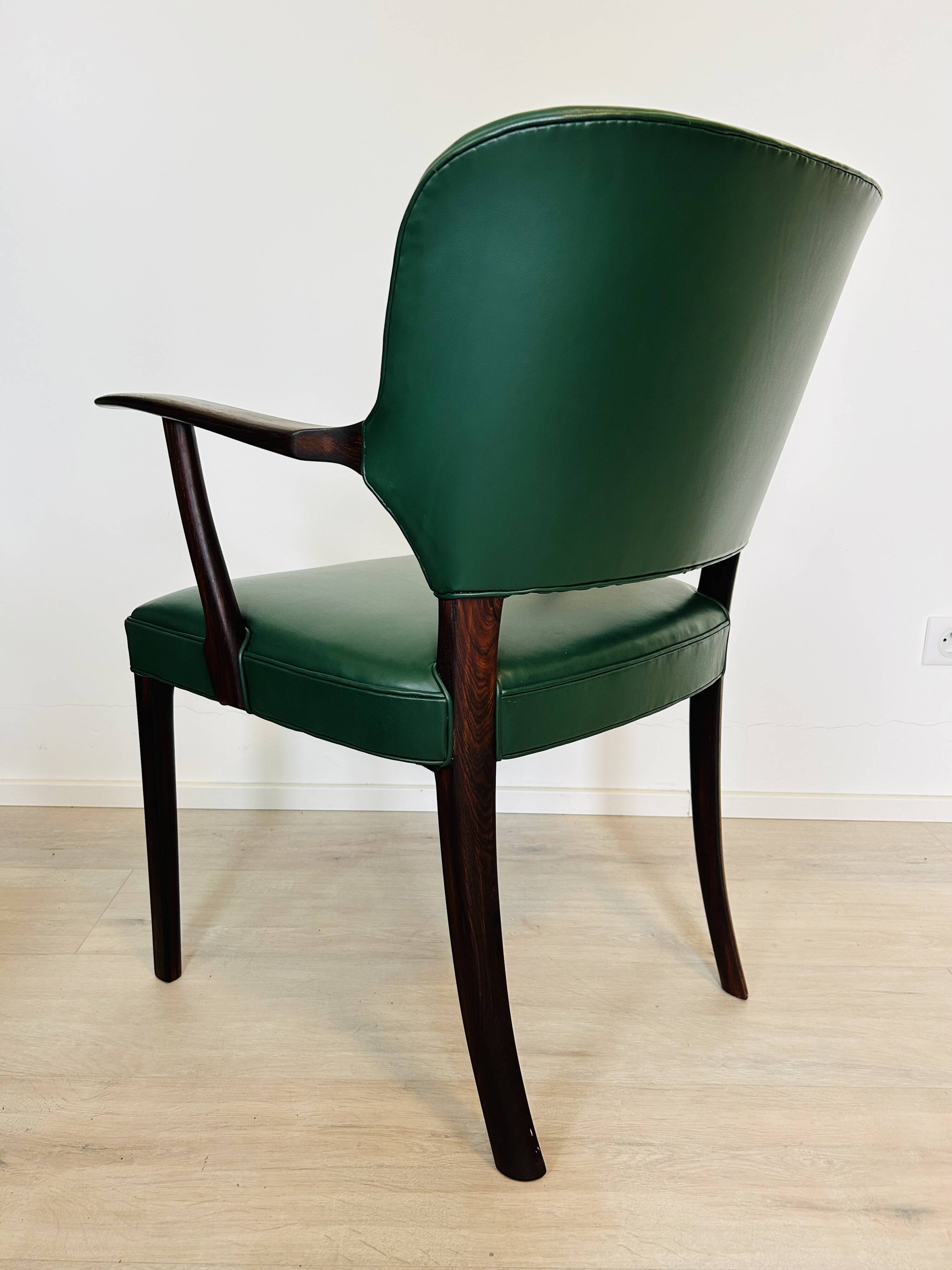 Danish Rosewood Green Leather Fully Restored Armchair, 1960´s