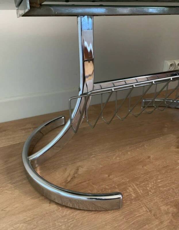 Space Age coffee table in chrome metal and smoked glass with magazine rack – Circa 1970