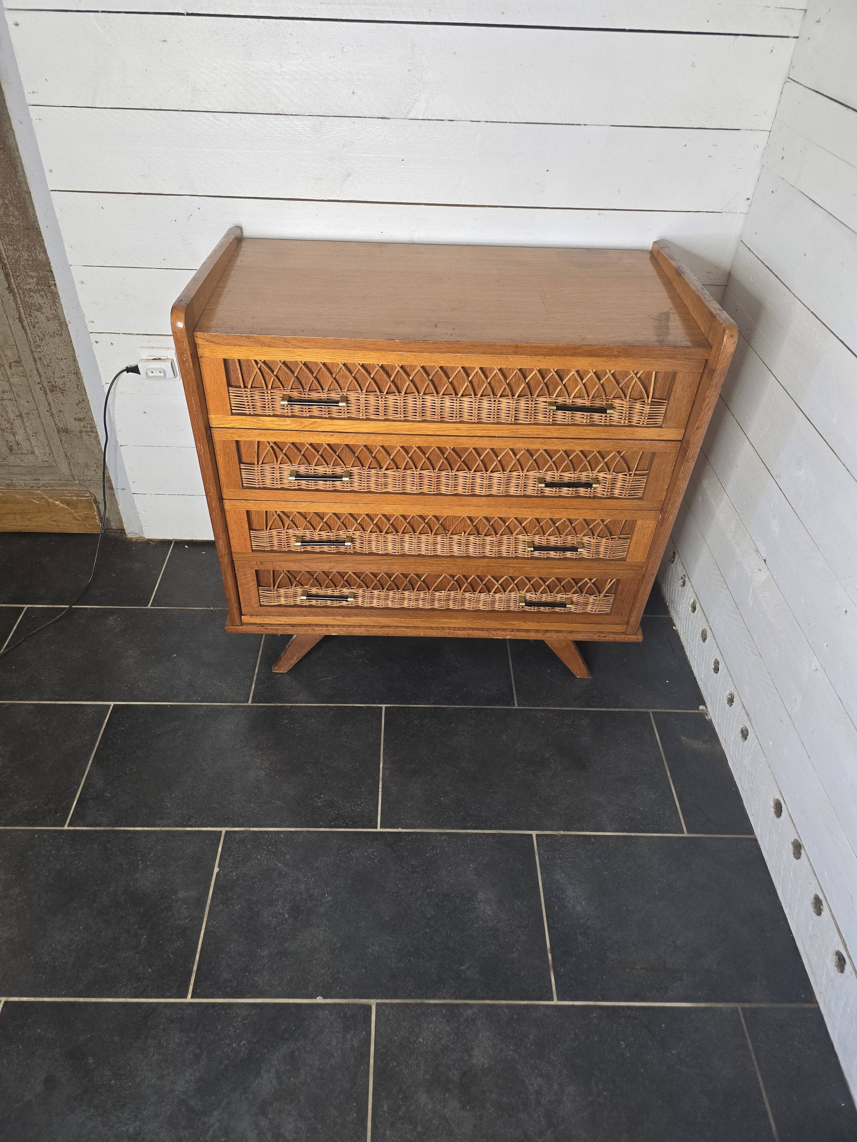 Commode en rotin et bois, années 60