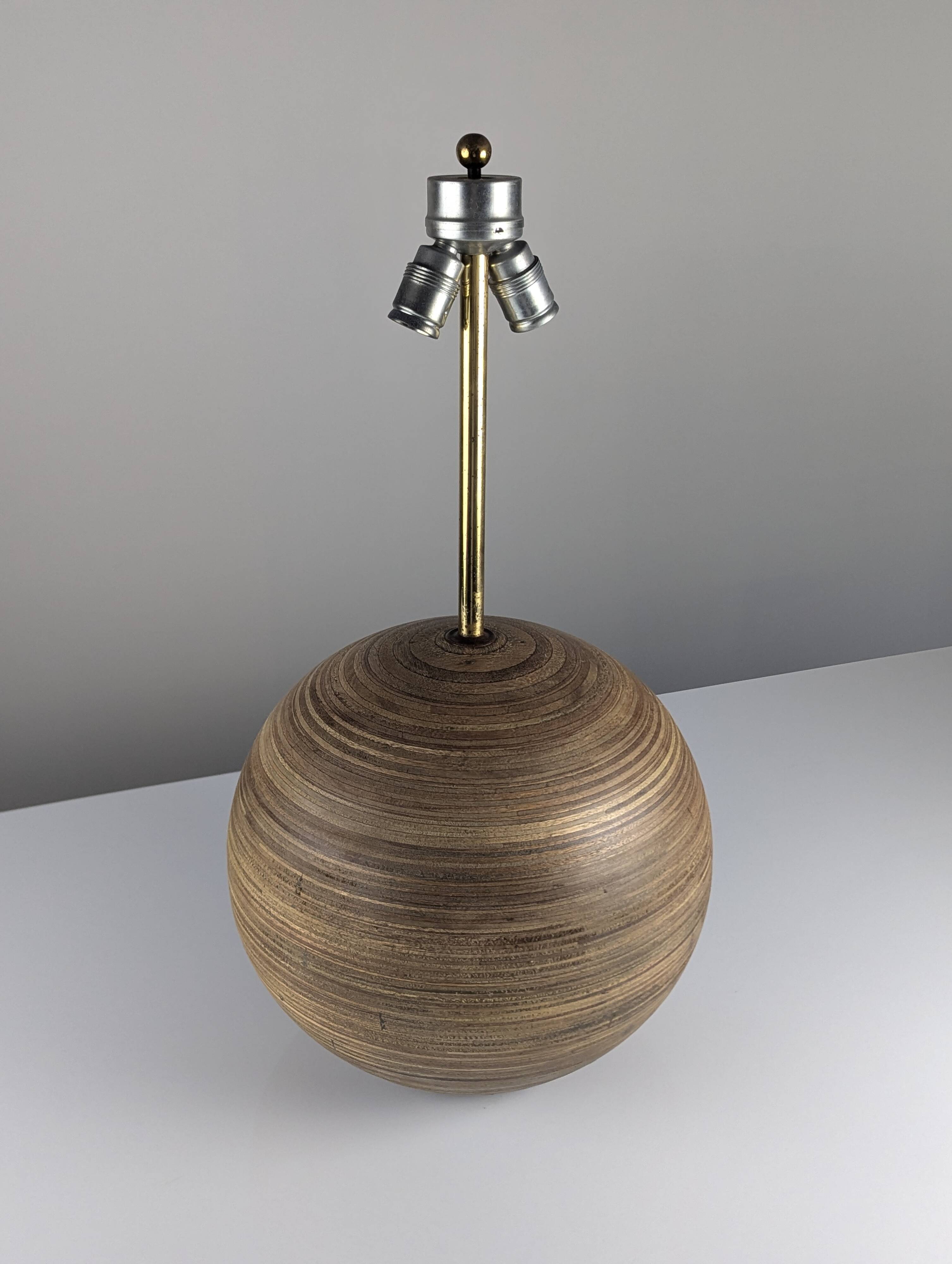 Pair of Large Table Lamps in Laminated Wood and Brass, 1960s