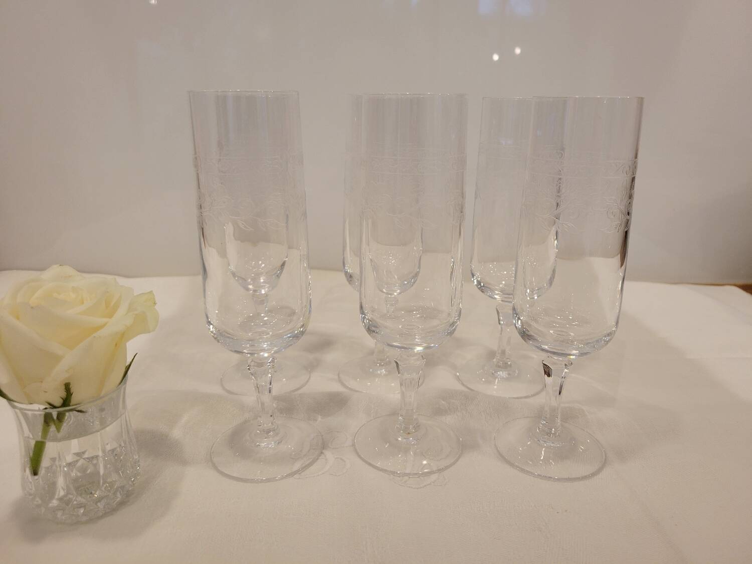 6 engraved crystal champagne flutes (floral) 1920