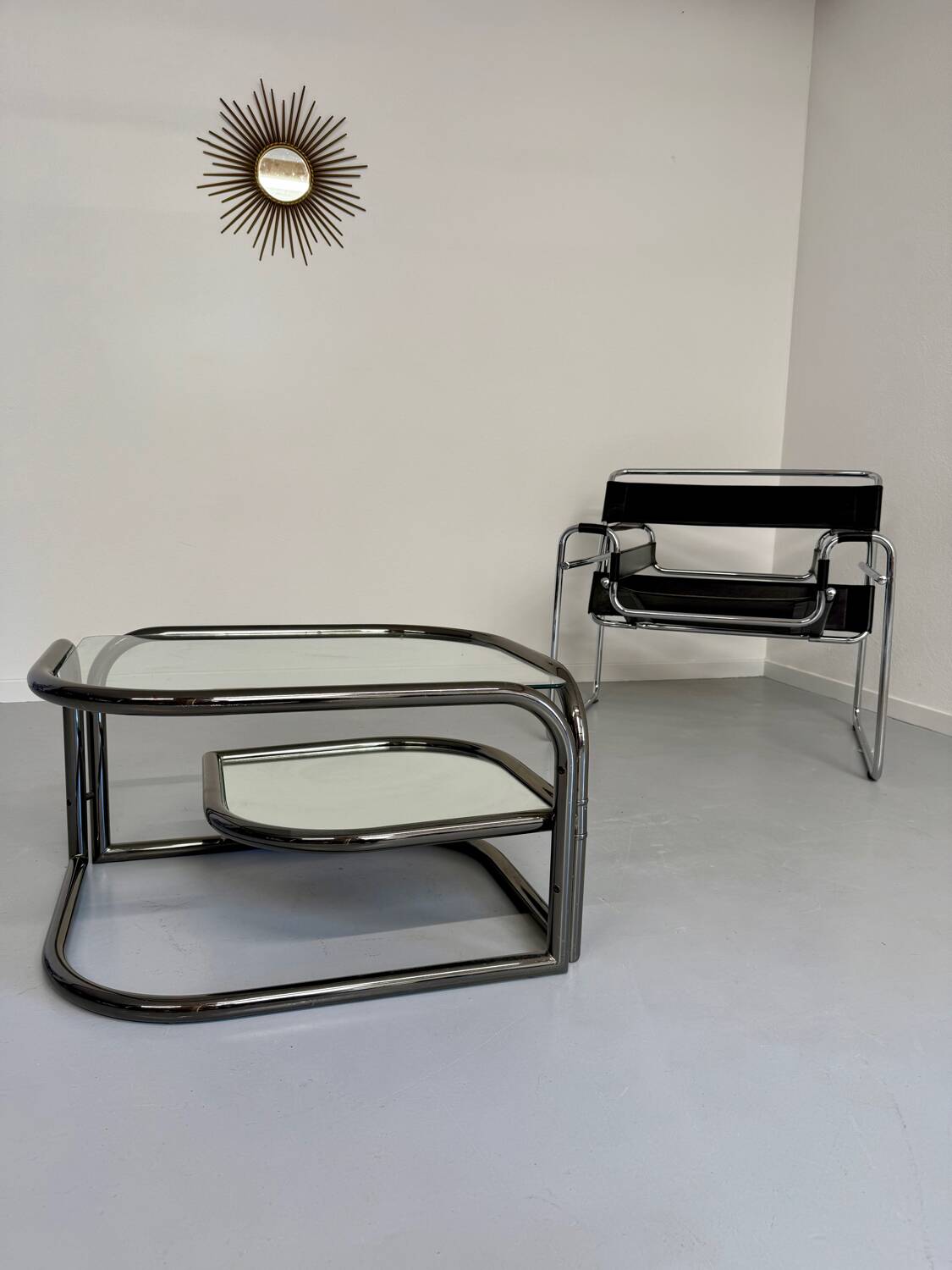 Vintage tubular coffee table with glass top, Italian design Morex, 70s