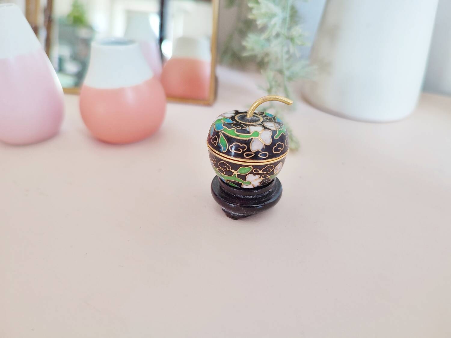 Pill box, small vintage cloisonné pill box in apple