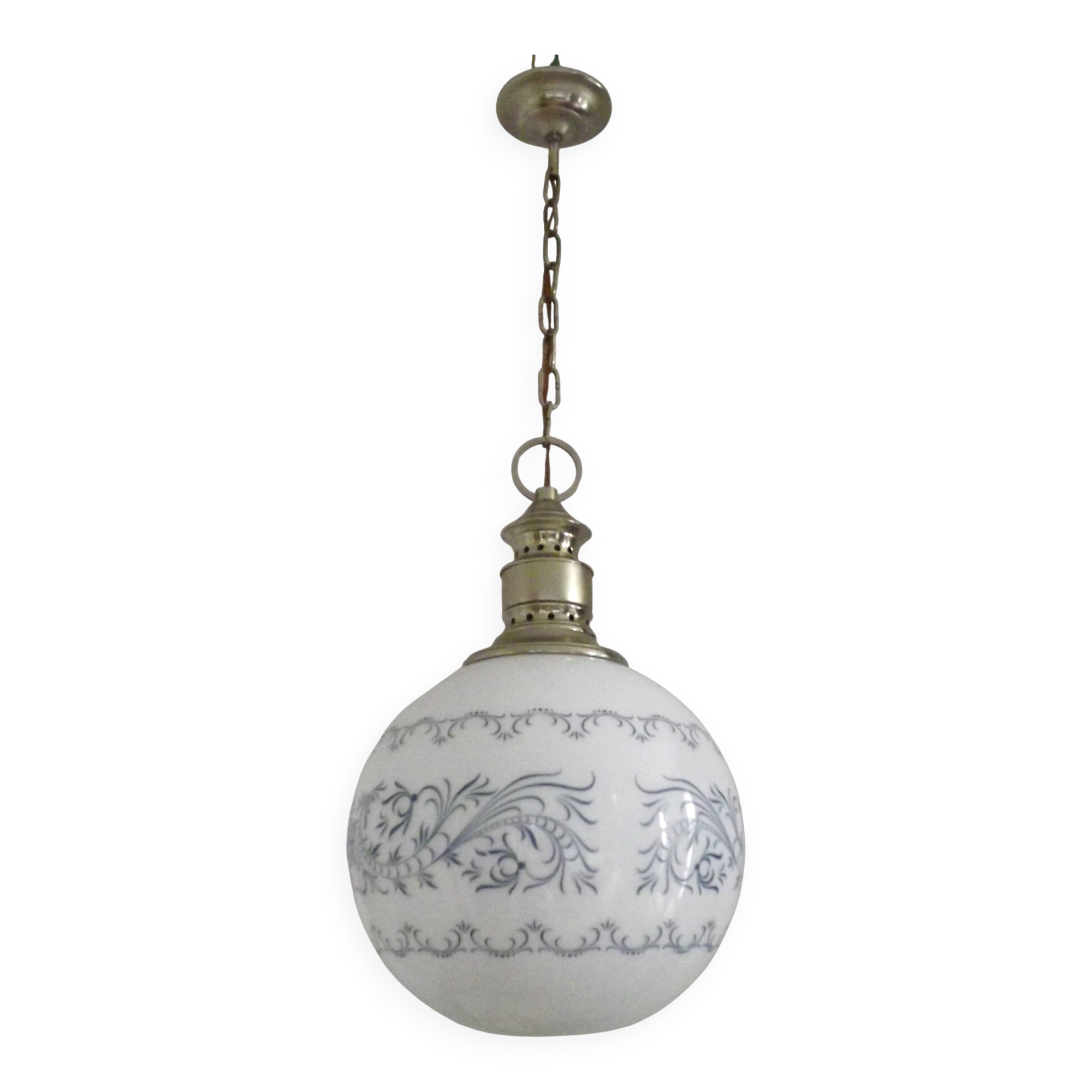 French Mid-Century Globe Pendant, Blue Pattern Shade, Vintage Hanging Light