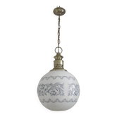 French Mid-Century Globe Pendant, Blue Pattern Shade, Vintage Hanging Light