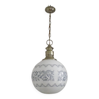 French Mid-Century Globe Pendant, Blue Pattern Shade, Vintage Hanging Light