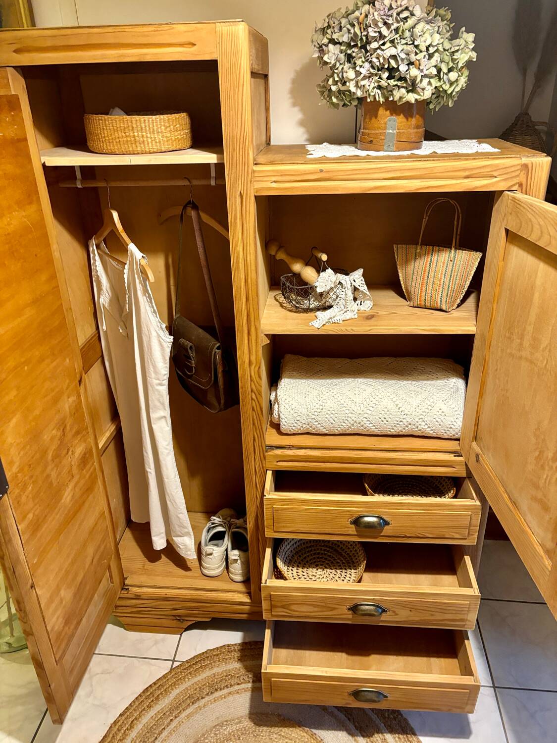 Asymmetrical raw wood wardrobe