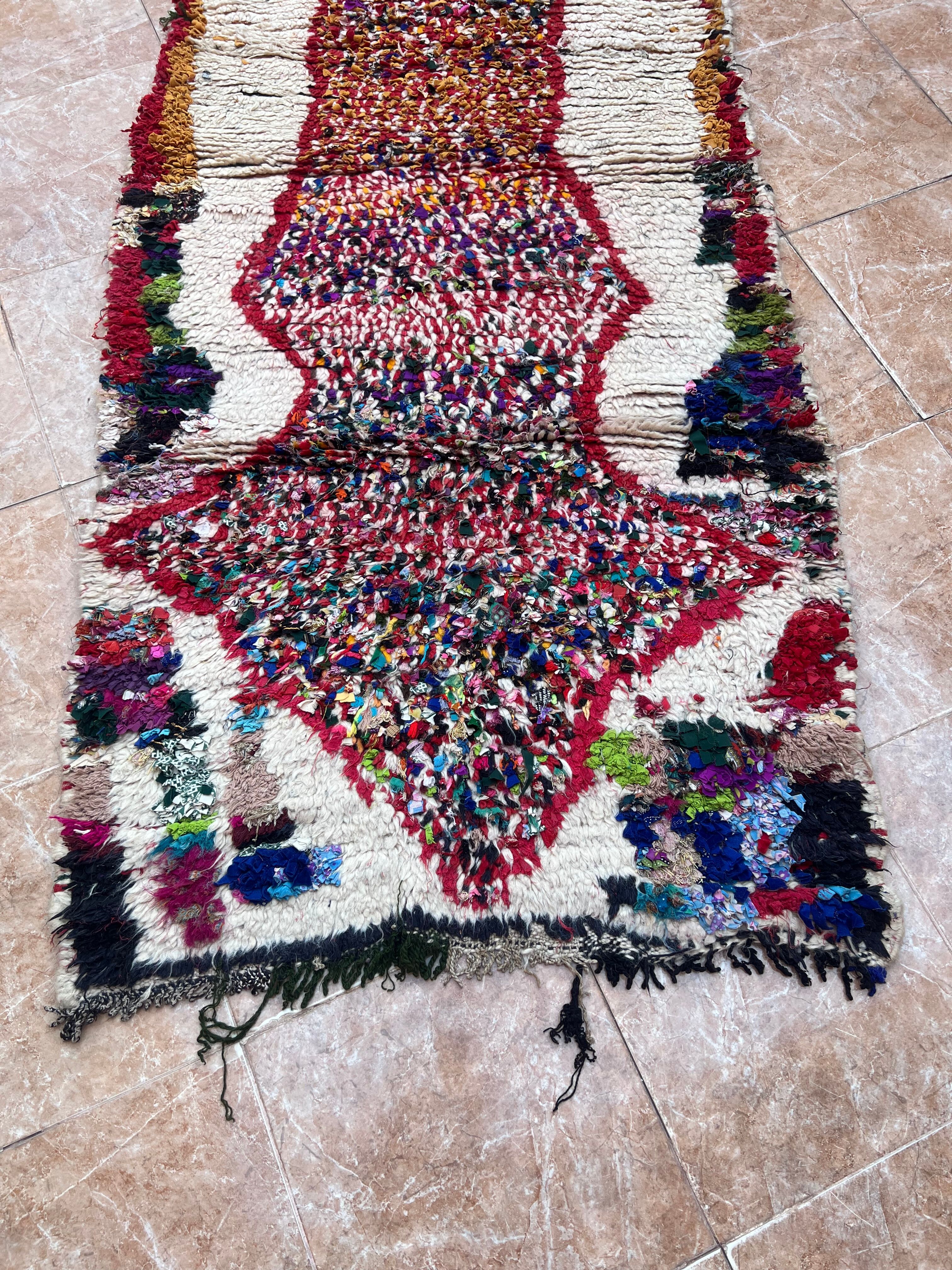 Vintage Boujaad wool table runner: red and black Moroccan rug.