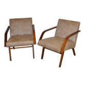 Paire de fauteuils Cesky Nabytek années 1950 cuir marron et structure bois style Mid-Century