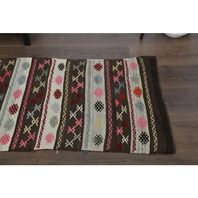 1970s Turkish Oushak Handmade Wool Cotton Brown Runner 65x243