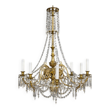 Grand lustre de style rococo. Bronze, cuivre et cristal massif. Nouvelle installation électrique.