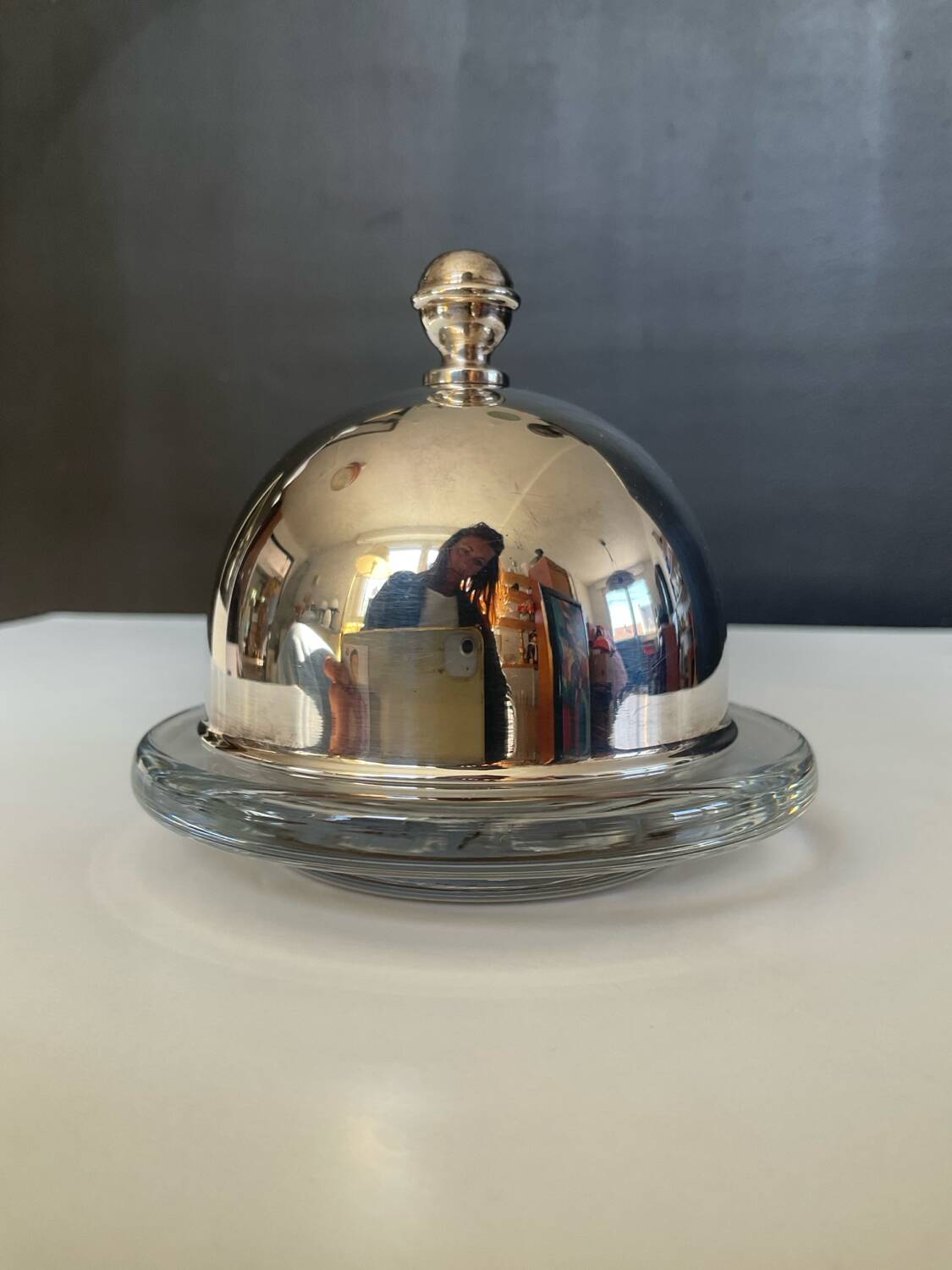 Silver-plated and glass bell-shaped butter dish from the 1970s.