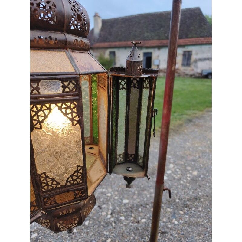 North African lantern suspension in brass and coloured glass.