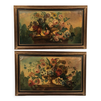 Paire d’huiles sur toile XIXe, bouquets de fleurs dans des vases Médicis