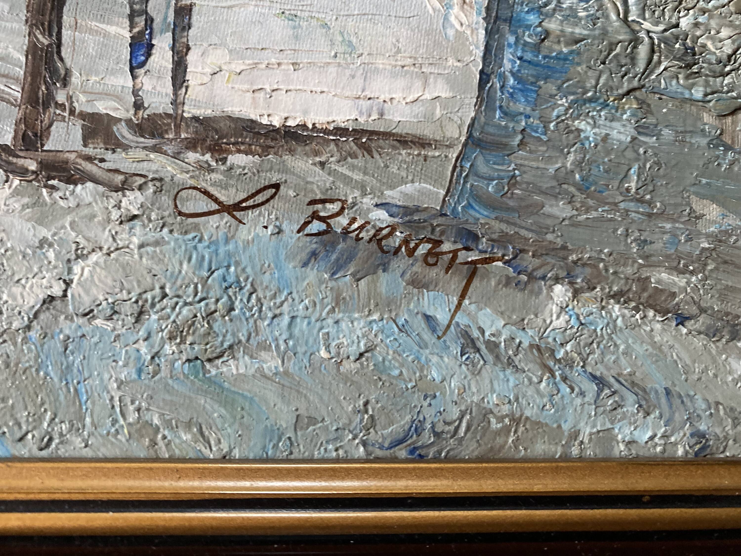 Painting by louis burnett, animated scene in montmartre, paris vintage 1950
