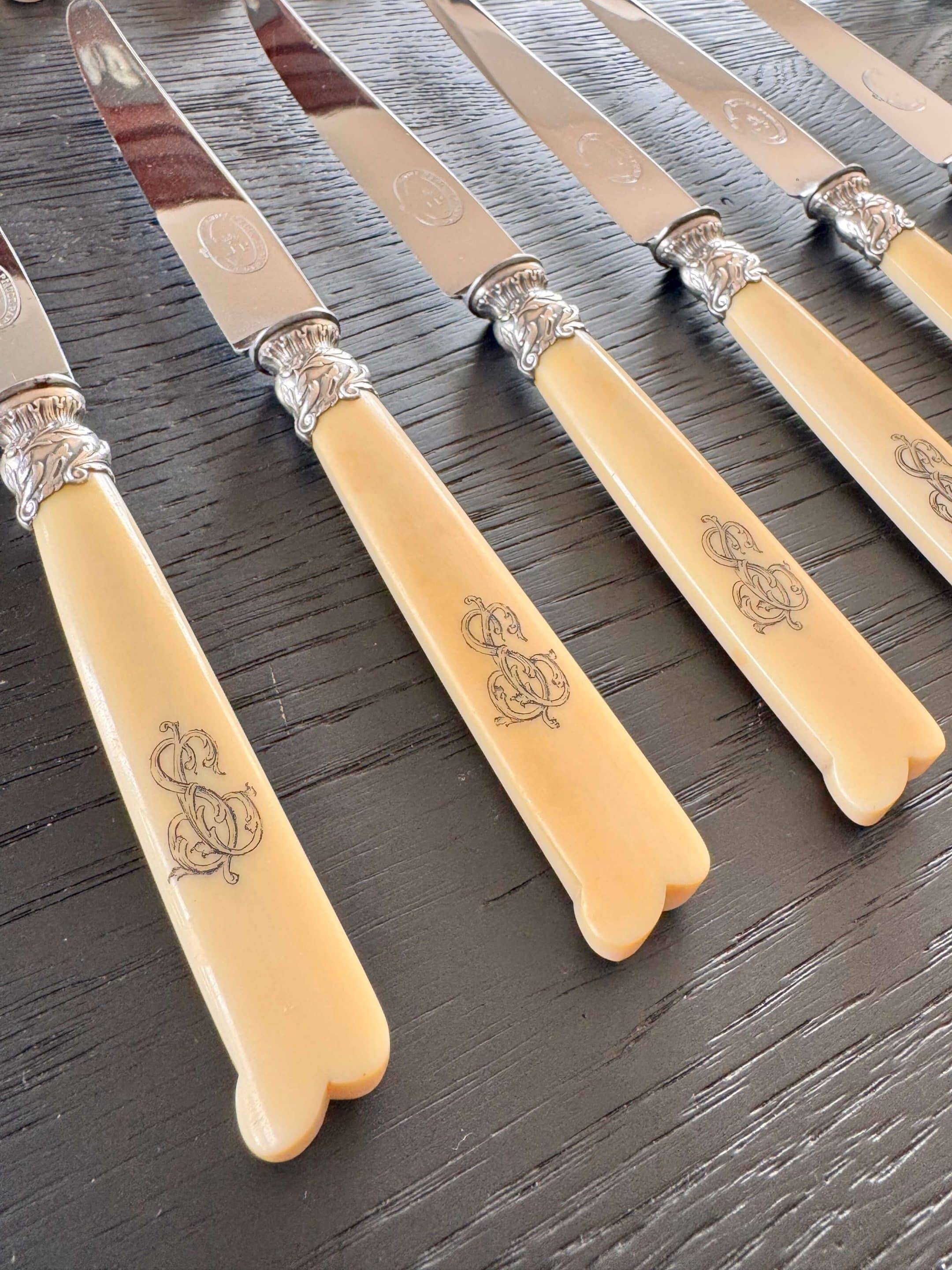 12 Robert Linzeler knives and leg of lamb set for Jules Piault Paris