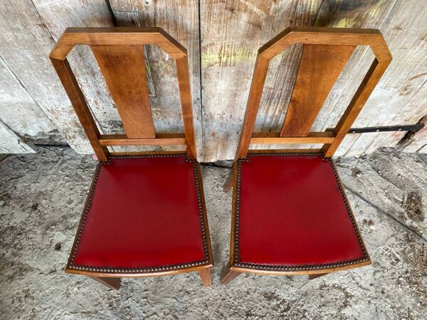 Paire Chaise Ancienne Art Deco Bois + Assise Cuir Rouge Vintage #D742