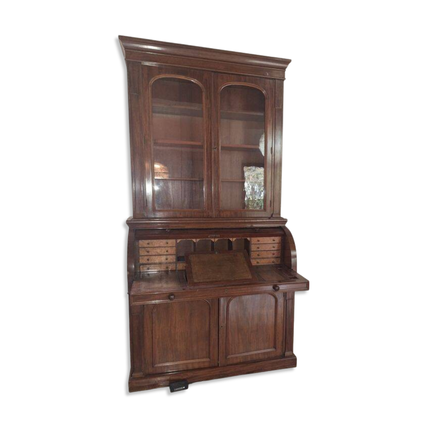 Desk, English writing desk with glass-fronted bookcase