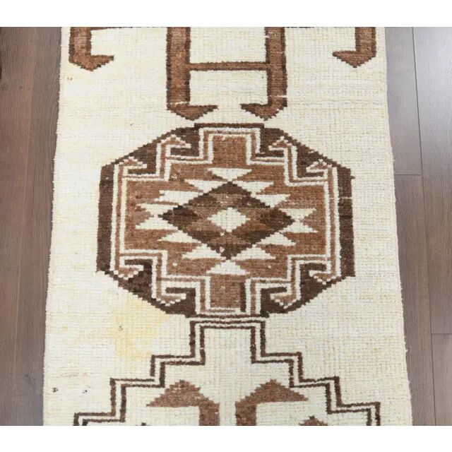 Vintage Turkish Handmade Wool Cotton Beige Runner 81x348