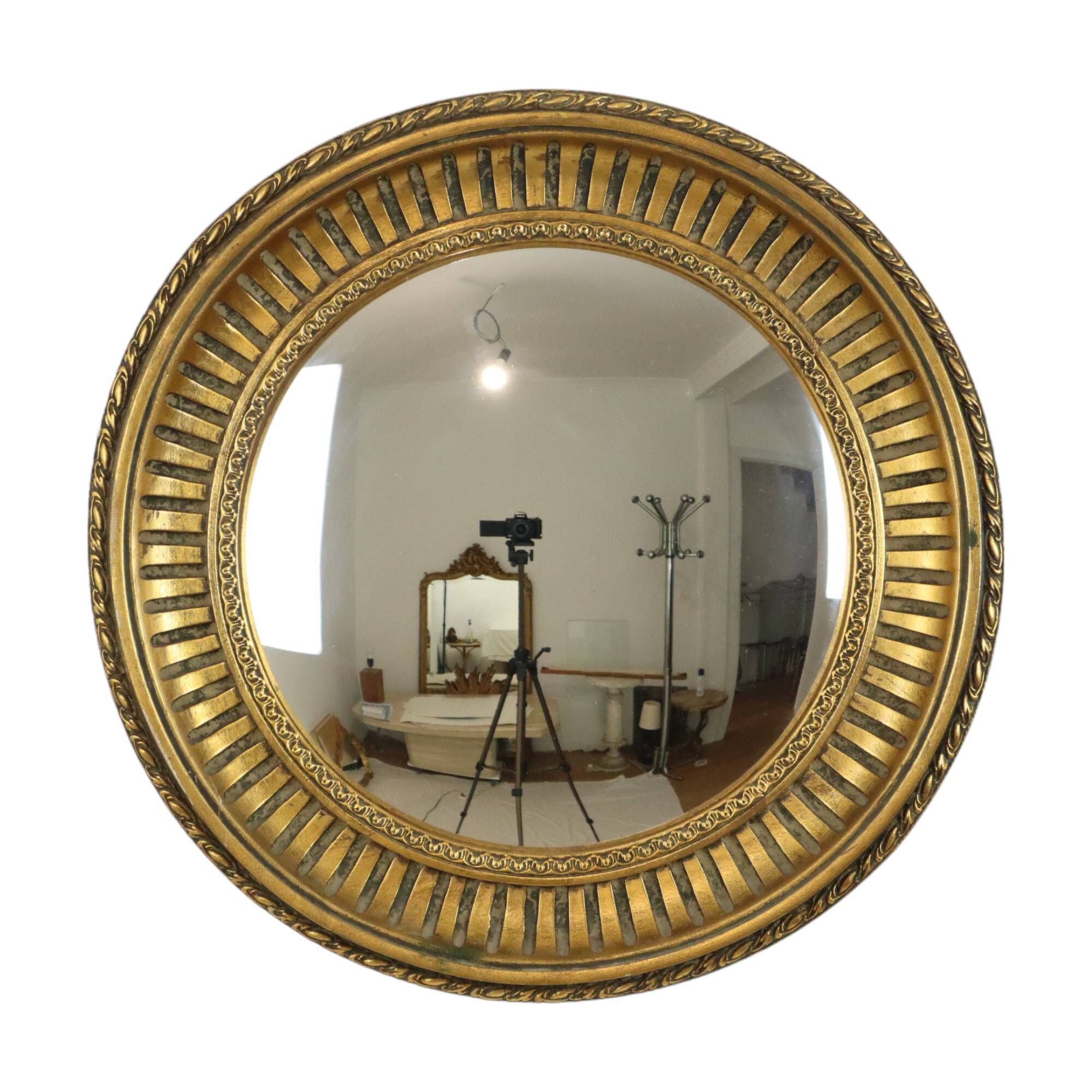Large Round Wooden Butler Mirror Convex Mirror Witch's Eye Gold