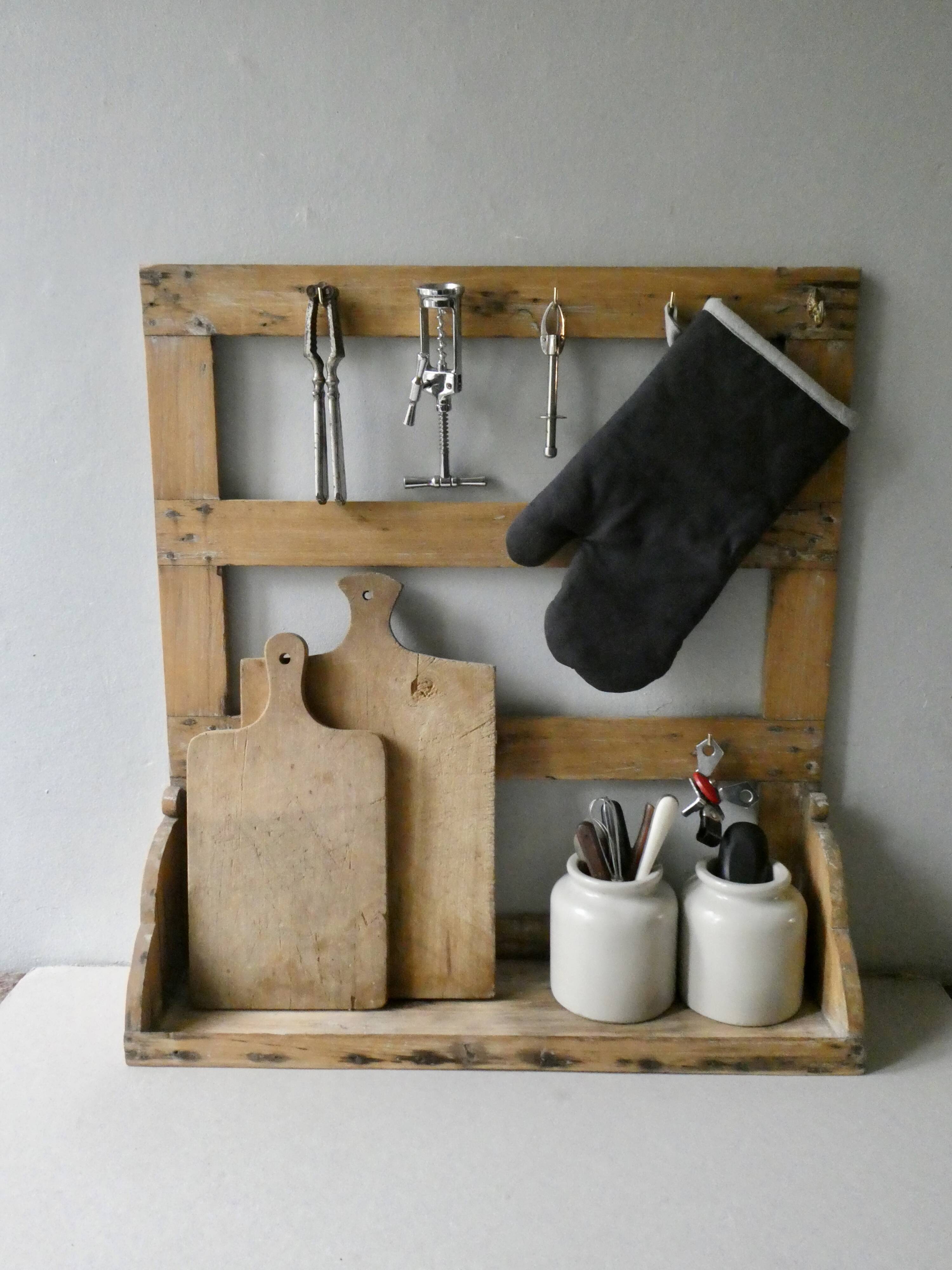 Shelf, kitchen utensils, patinated wood
