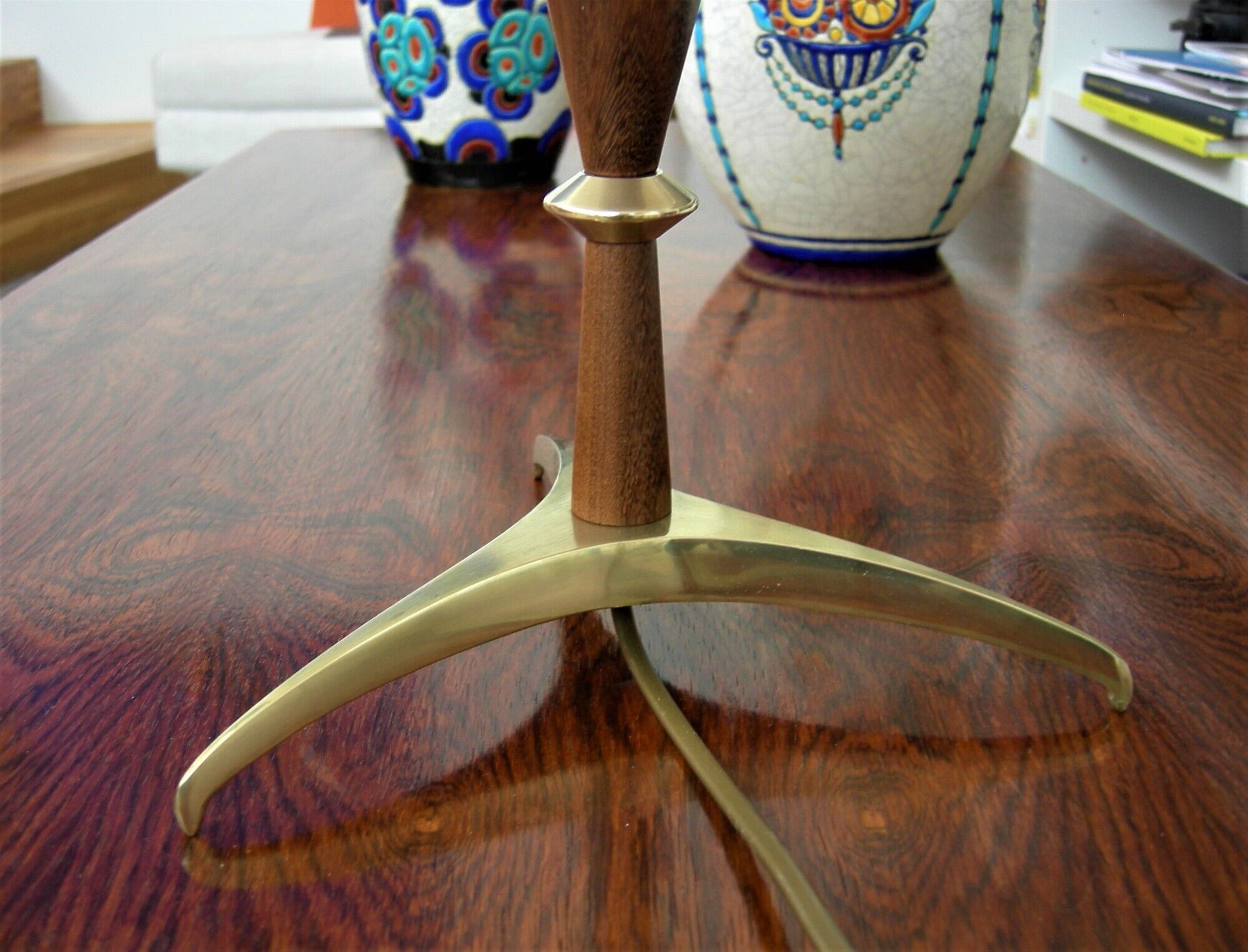 Scandinavian style lamp in teak, brass and opaline