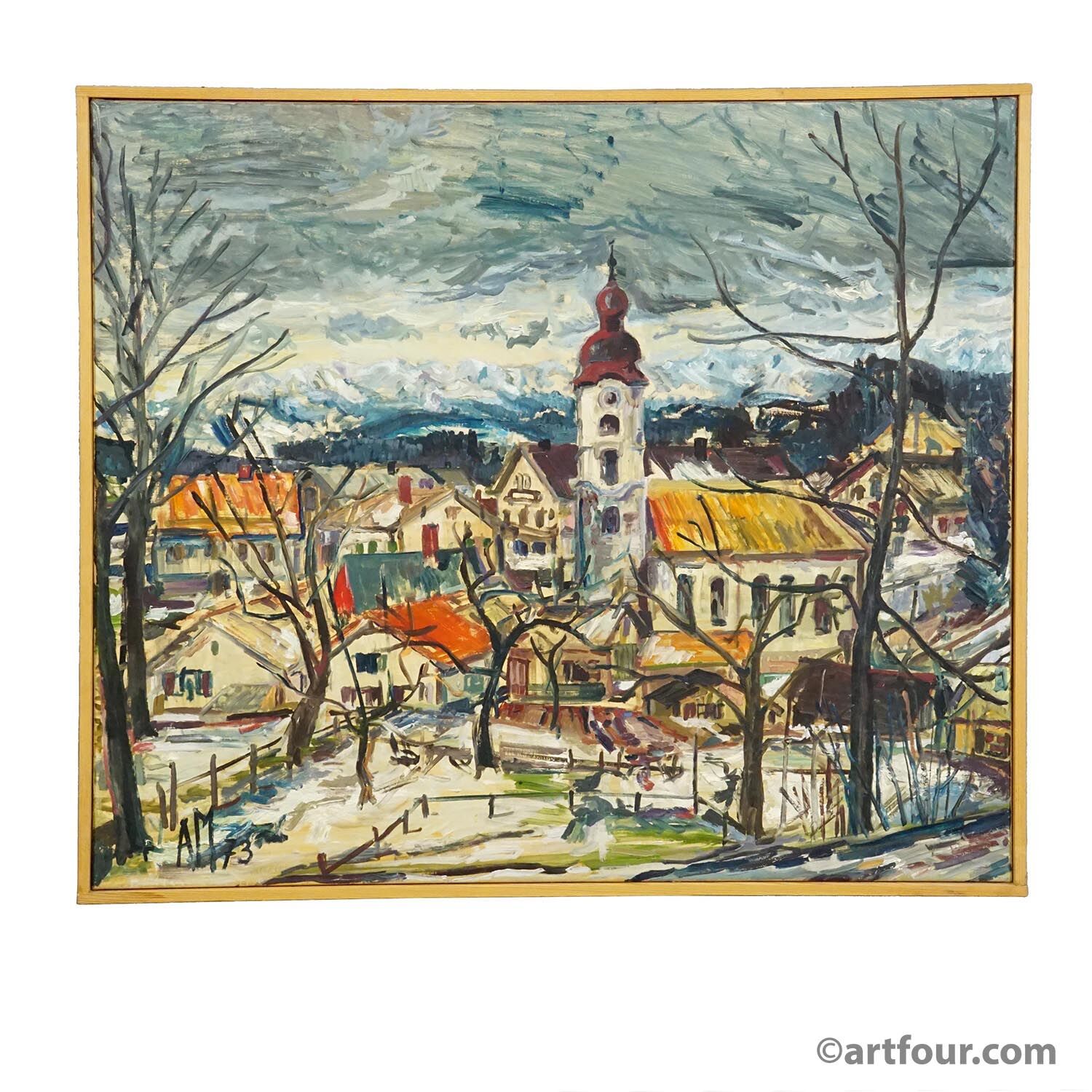 Vintage oil painting of a Bavarian village, Alexander Michael 1973.