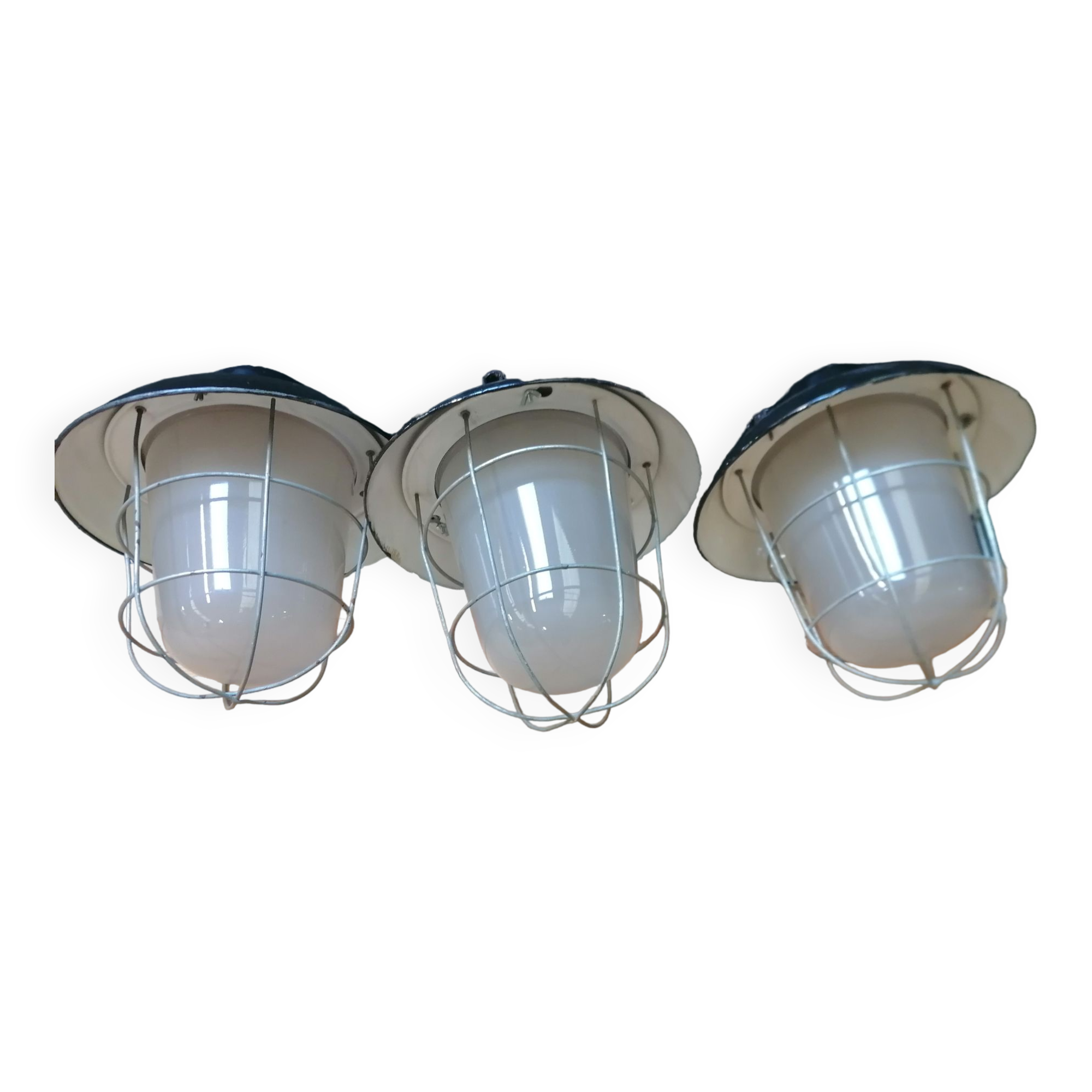 Set of 3 vintage Czech industrial pendant lights, 1950s