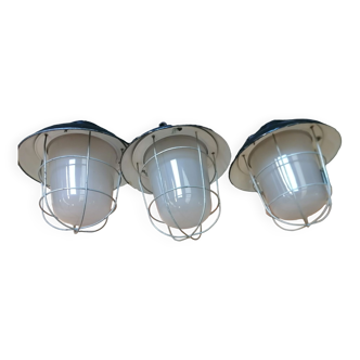 Set of 3 vintage Czech industrial pendant lights, 1950s