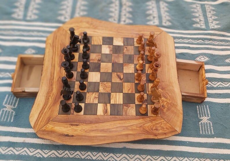 Rustic wooden chessboard with drawers, chess set 19