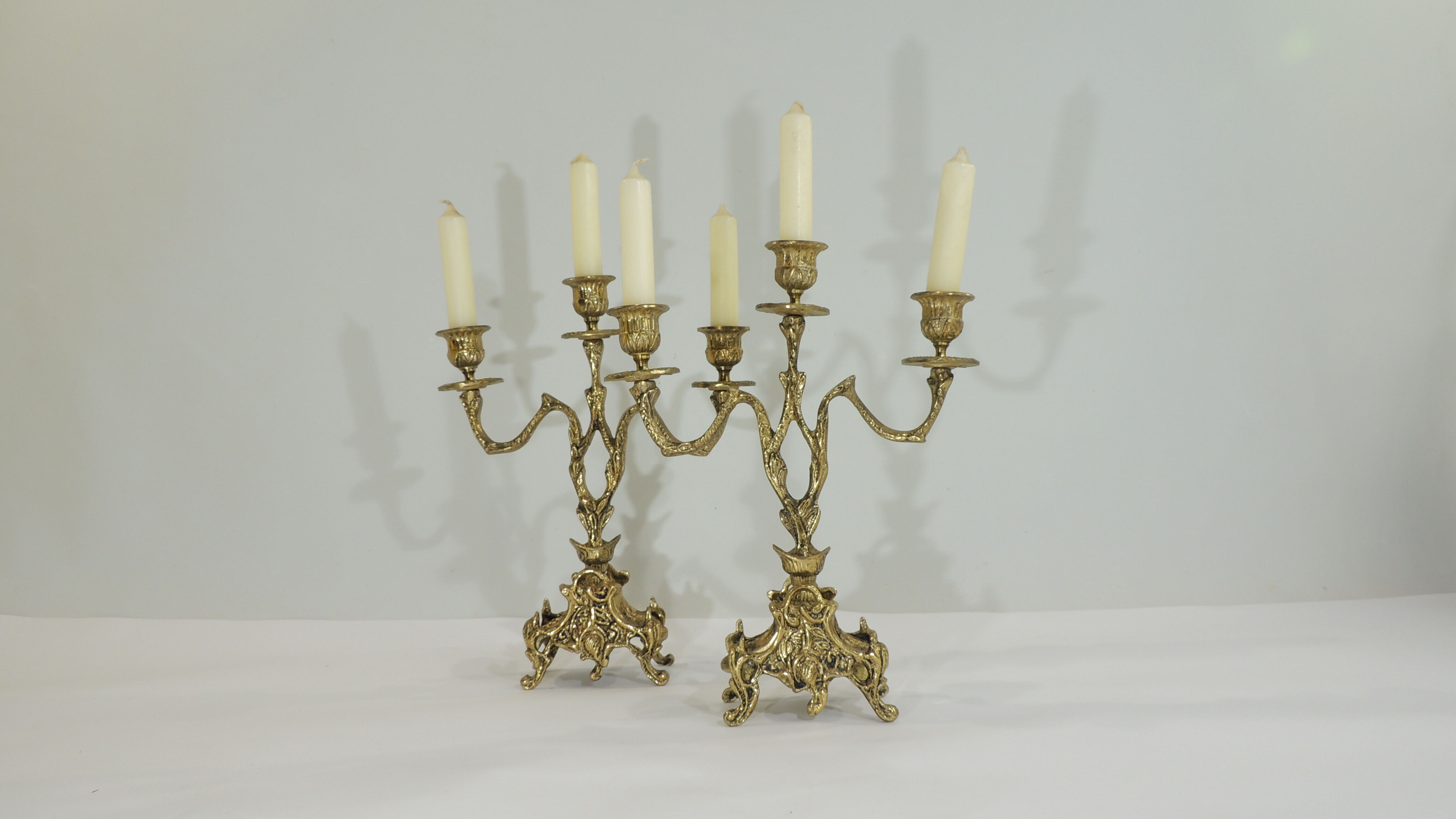 Pair of candle holders / golden brass / vintage / candelabra