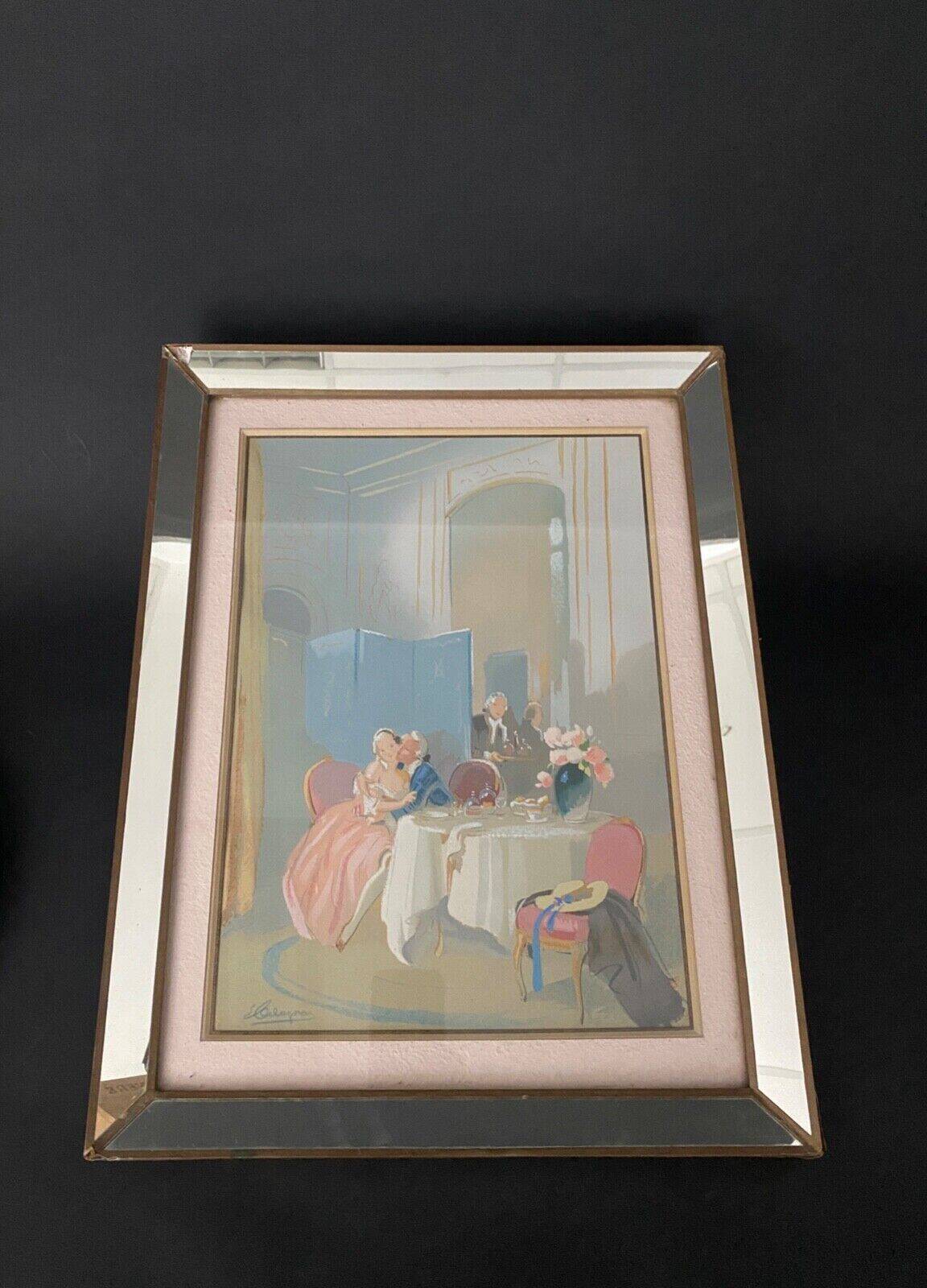 Watercolor on paper in the style of Guiraud de Scévola interior scene