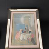Watercolor on paper in the style of Guiraud de Scévola interior scene