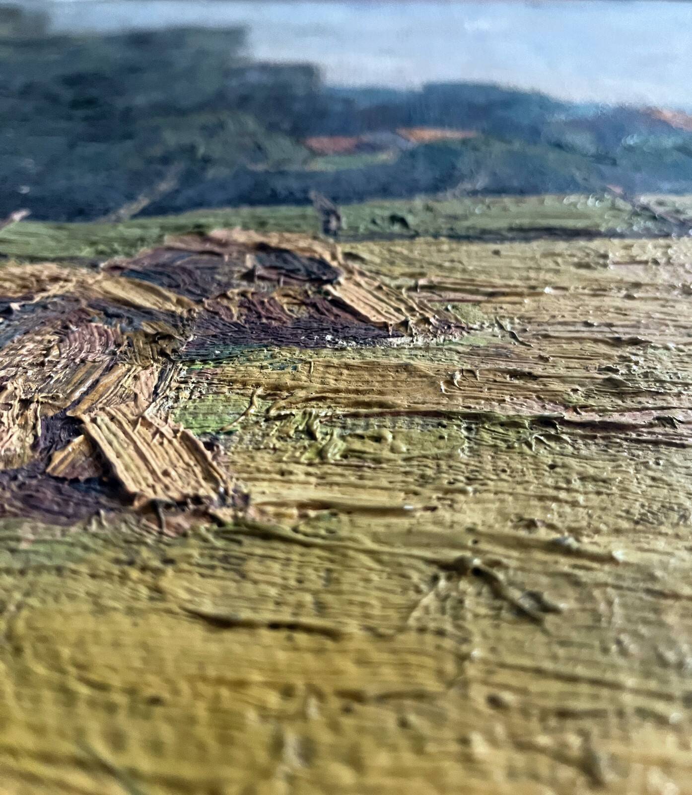 Oil painting on canvas "Landscape with Haystacks and Village" signed Post-Impressionist