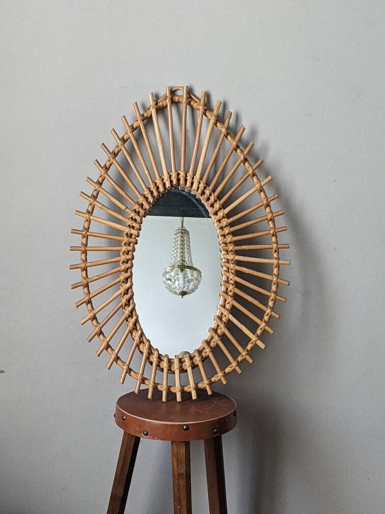 Asymmetrical vintage rattan wicker bamboo sun mirror Scandinavian craftsmanship